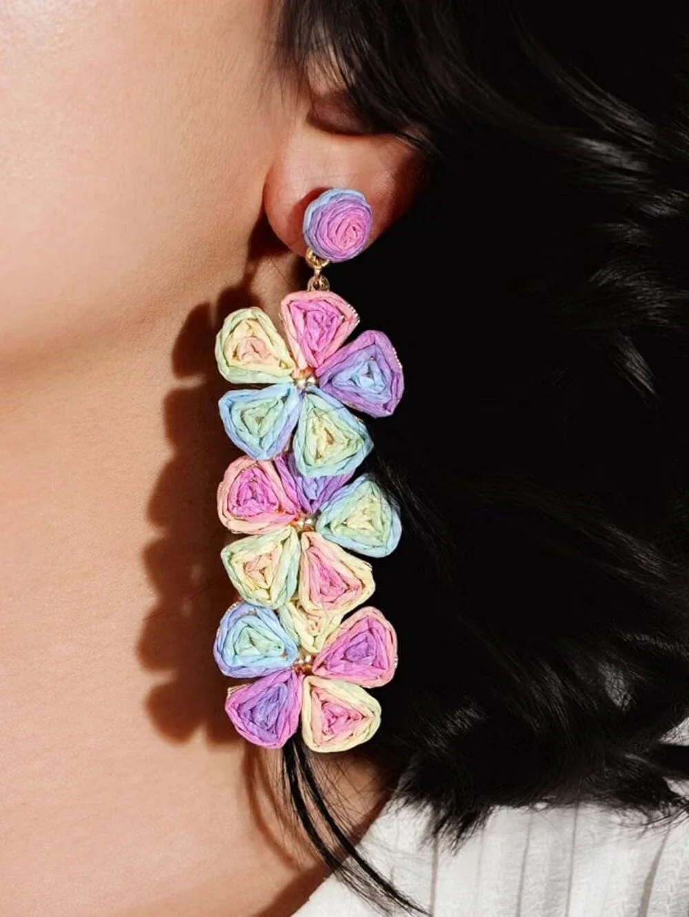 Boho Flower Earrings Statement Raffia Dangle Earrings Summer Beach Vacation